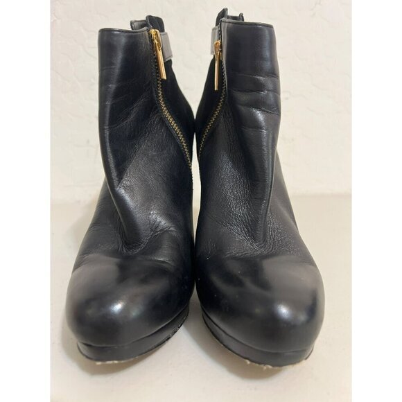 Michael Michael Kors Stacked Heel Bootie Gold Zipper Leather Suede Mix Sz 8.5 - Picture 3 of 11